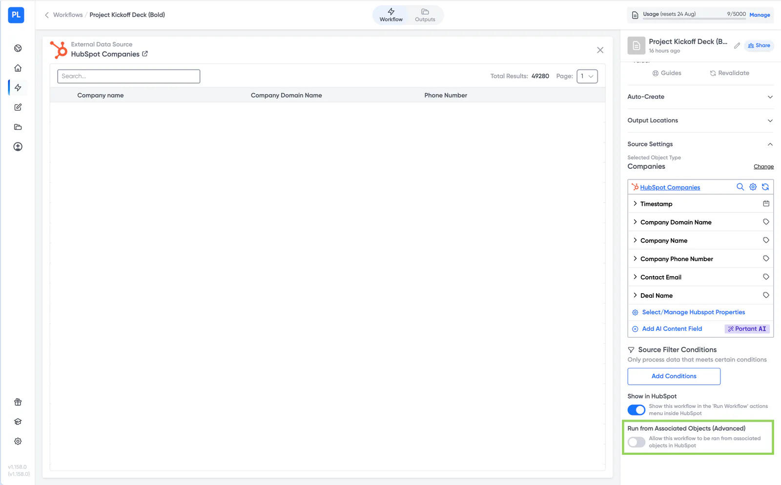 The Run from Associated Objects (Advanced) toggle at the bottom of the Source Settings panel in a Portant workflow, below the Show in HubSpot toggle